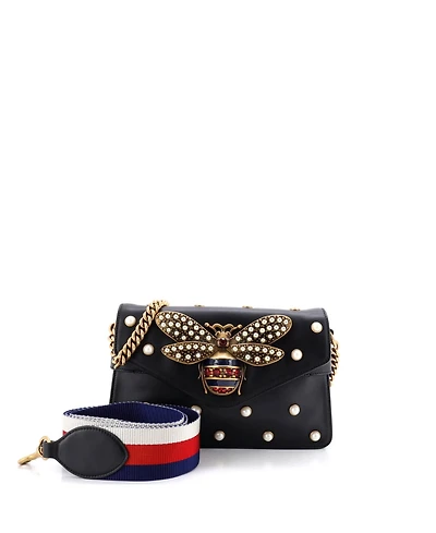 Pre-Owned Gucci Mini Broadway Pearly Bee Shoulder Bag Embellished Leather
