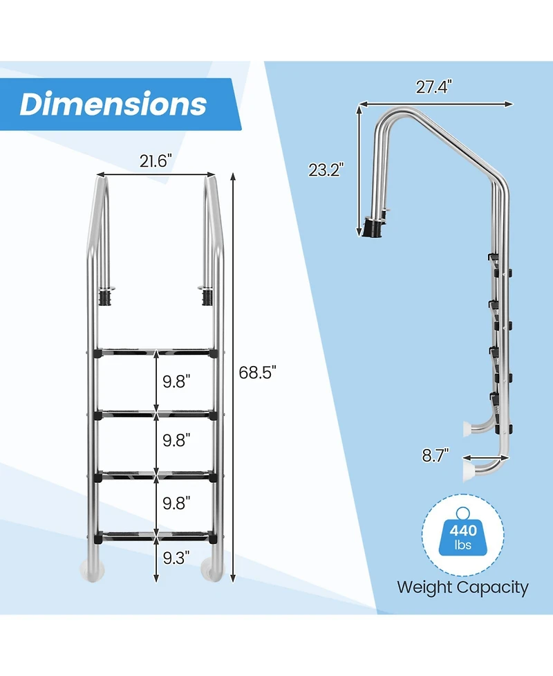 Sugift 4-Step Inground Pool Ladder Stainless Steel Swimming Pool Ladder