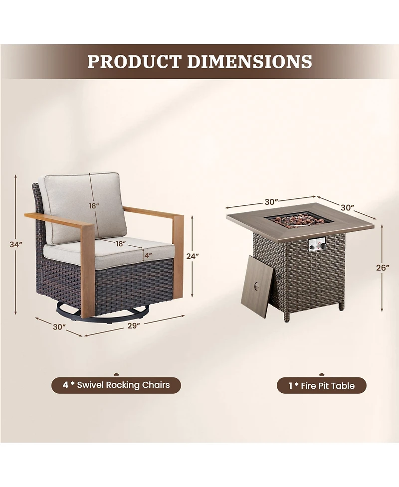 Gymojoy 5-piece patio set with 4 swivel rattan chairs, thick cushions, and a 30-inch propane fire pit table for cozy outdoor gatherings.