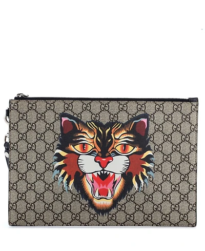 Pre-Owned Gucci Large Zipped Pouch Angry Cat Gg Coated Canvas