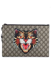Pre-Owned Gucci Large Zipped Pouch Angry Cat Gg Coated Canvas