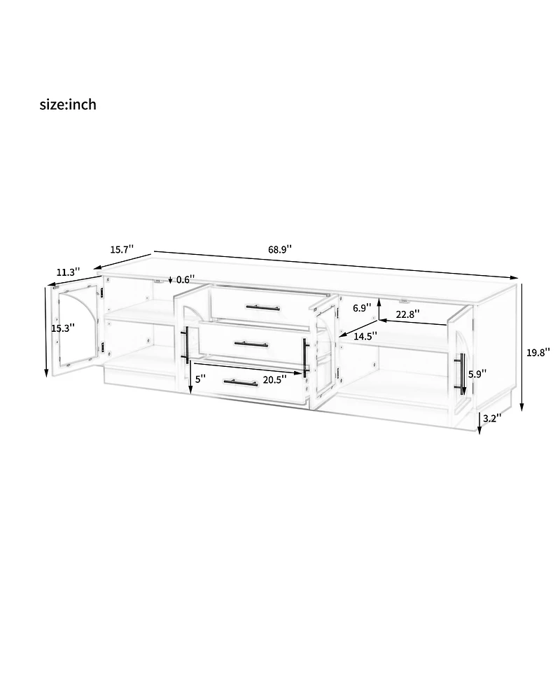 Rainsken 68.9'' Tv Stand for TVs up to 75", Media Console Cabinet with 3 Drawers and Adjustable Shelves, Symmetrical Design for Living Room