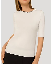 Cable & Gauge Women's Elbow Sleeve Pick Stitch Trim Sweater