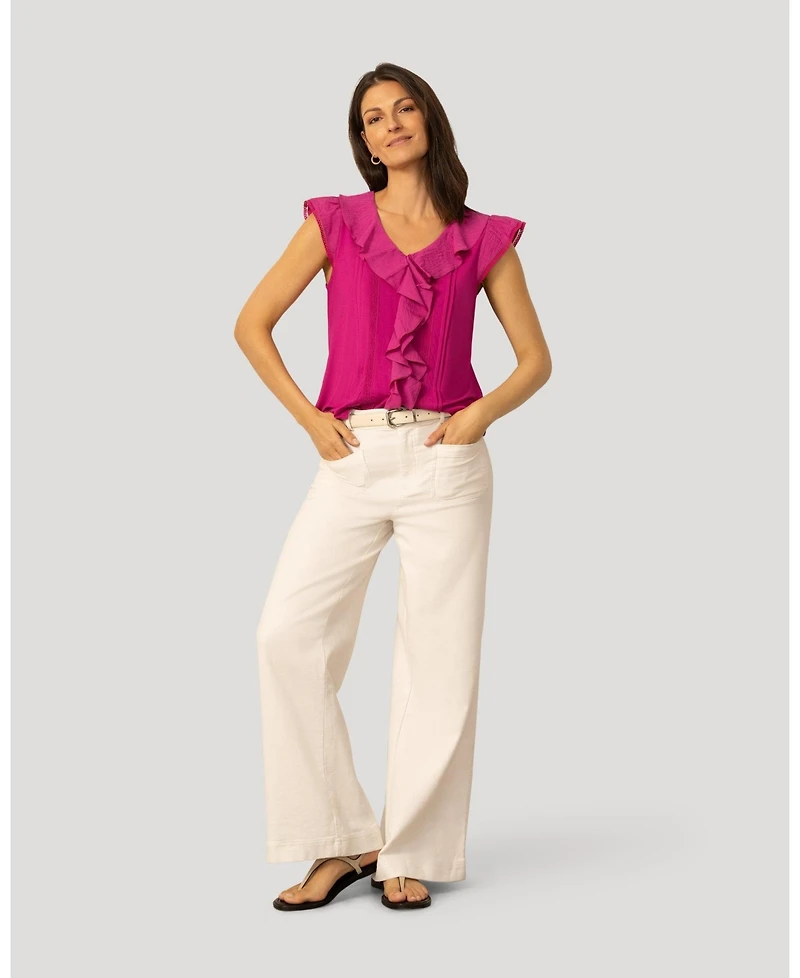 Cable & Gauge Women's Voile Mix Ruffle Trim Top
