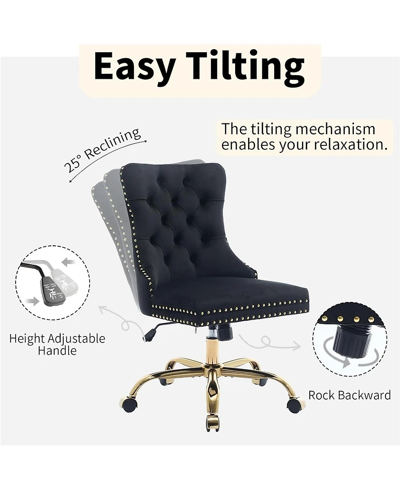 Rainsken Velvet Upholstered Office Chair, Tufted Button Desk Chair, Adjustable Swivel Computer Chair with Metal Base