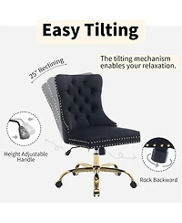 Rainsken Velvet Upholstered Office Chair, Tufted Button Desk Chair, Adjustable Swivel Computer Chair with Metal Base