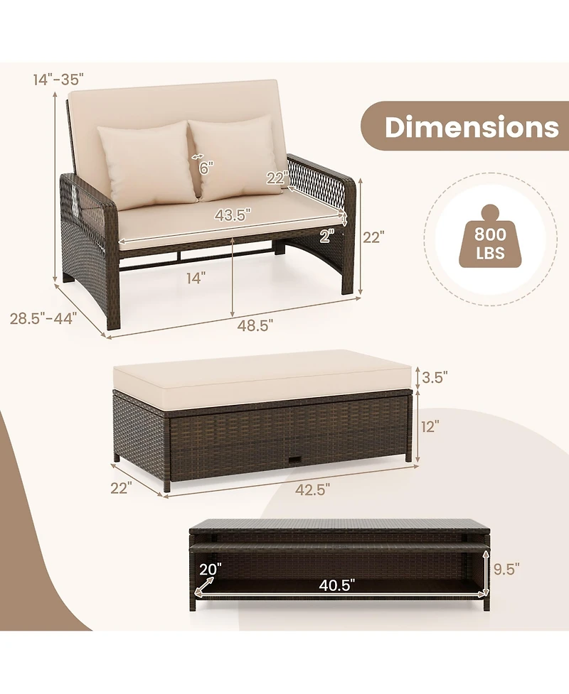 Gymax Patio Rattan Daybed Wicker Loveseat Sofa w/ Multifunctional Ottoman