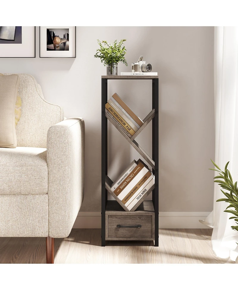 Slickblue 4 Tier Floor Tree Bookshelf with Drawer and Metal Frame