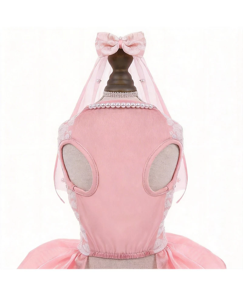 Aronkl Dog Dress Wedding Pet Lace Princess with Bows Necklace Veil Formal Apparel for Birthday Party