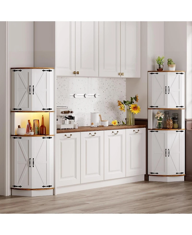 gaomon 64.6" Farmhouse Corner Cabinet with Led Light, Tall Bathroom 4 Barn Doors and 5 Tier Shelves, Freestanding Bar