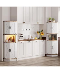 gaomon 64.6" Farmhouse Corner Cabinet with Led Light, Tall Bathroom 4 Barn Doors and 5 Tier Shelves, Freestanding Bar