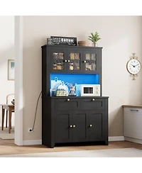 gaomon Pantry Cabinet with Charging Station, Farmhouse Kitchen Storage Countertop, Large Hutch Drawers