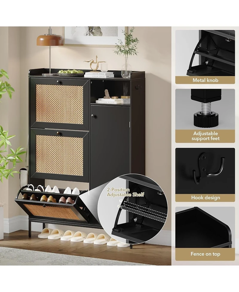 gaomon Rattan Shoe Cabinet Storage Flip Drawers Top Hooks Doors Adjustable Shelves Tall Thin Closet Organizer