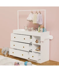 Rainsken Modern Baby Dressing Table, Multi-Functional Baby Changing Table with 3 Deep Drawers, Drying Rack and Shelves for Nursery, Bedroom