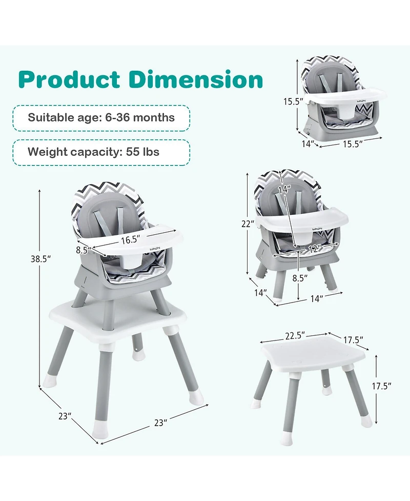 Sugift 6 in 1 Convertible Baby High Chair with Adjustable Tray