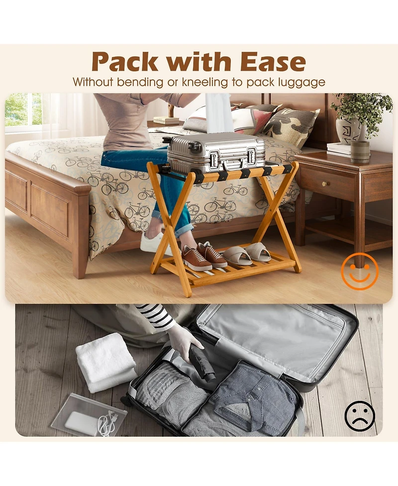 Sugift Set of Two Folding Luggage Racks with Straps and Shelf