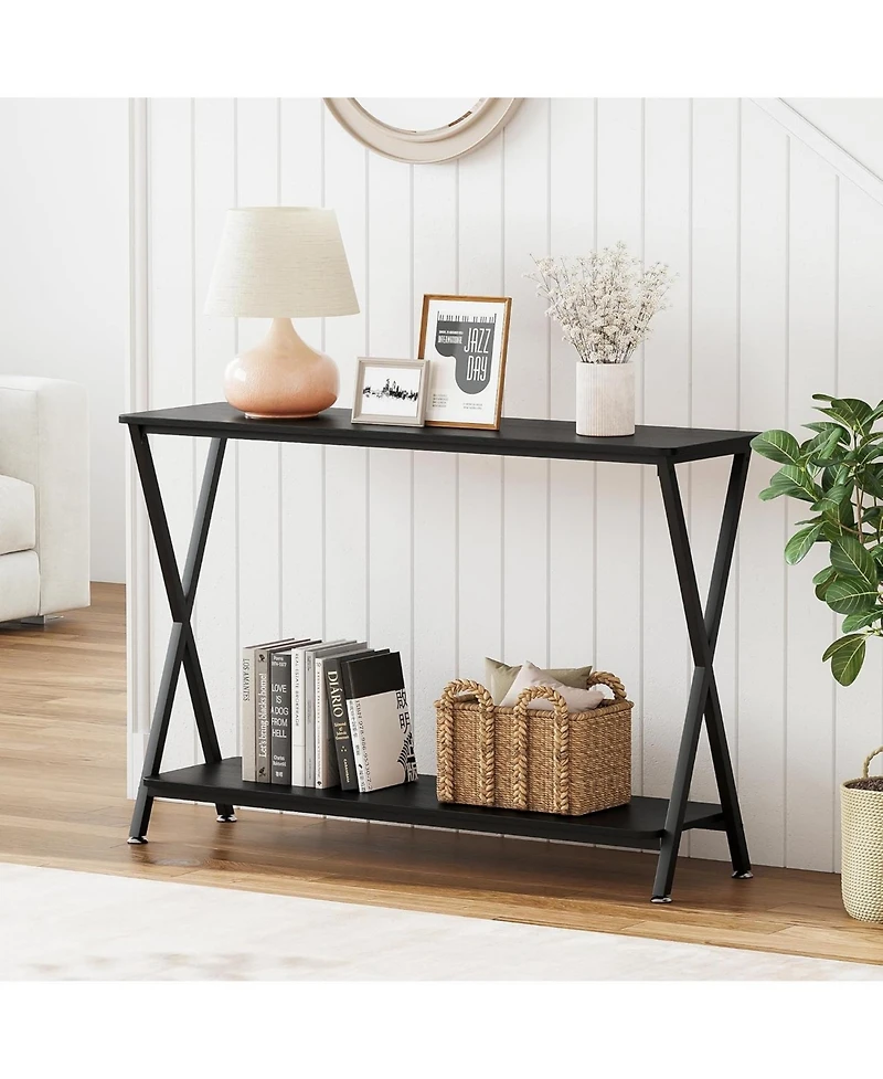gaomon Slim 2-Tier Industrial Console Table, Space-Saving Sofa Side Table with Storage, Metal Frame for Entryway, Living Room