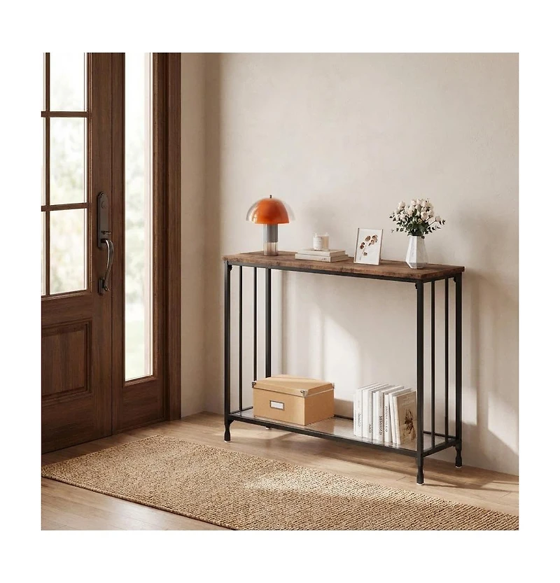 gaomon Small Entryway Console Table, Narrow Table Behind Sofa with Metal Frame and Glass Shelf