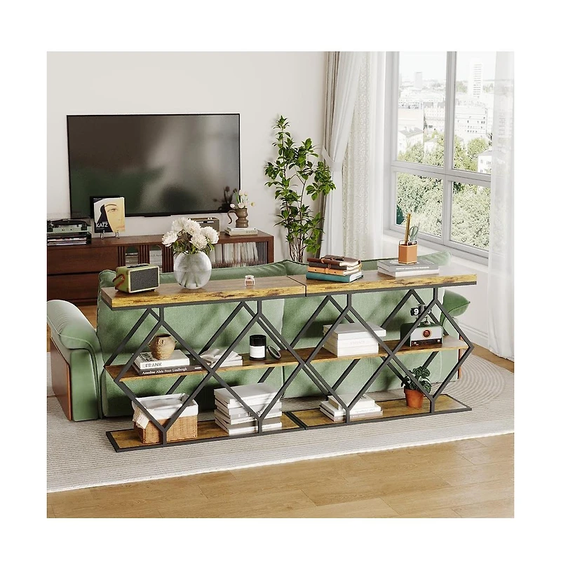 gaomon Farmhouse Industrial Console Table, 3-Tier Narrow Sofa Table, Metal Frame, Open Storage Shelves