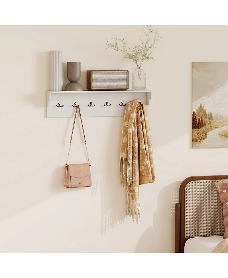 Sugift Wall Mounted Wooden Coat Rack with Shelf and Six Hooks