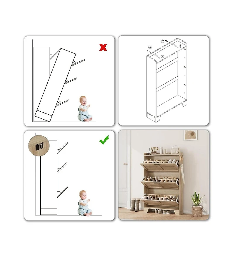 gaomon Freestanding Shoe Storage Cabinet with 3 Flip Drawers and Side Hooks