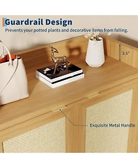 gaomon Freestanding Wooden Rattan Shoe Cabinet with Adjustable Shelves and Guardrail Top