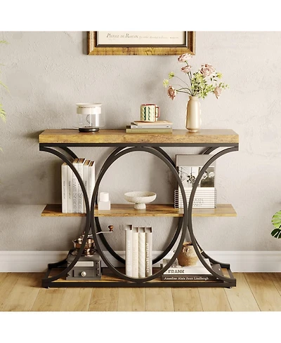 gaomon 39" Narrow Console Table for Entryway, Industrial 3-Tier Sofa Table, Round Metal Base, Storage Shelves