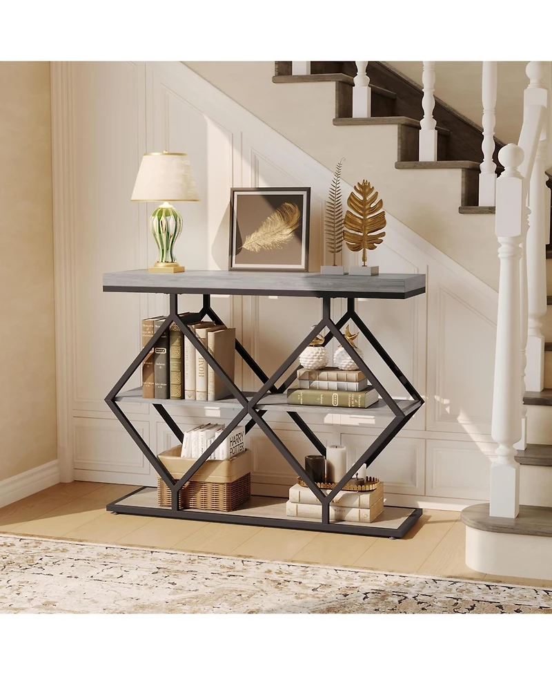 gaomon 3-Tier Entryway Table, Industrial Console Sofa Table, Open Storage Shelves, Diamond Metal Frame
