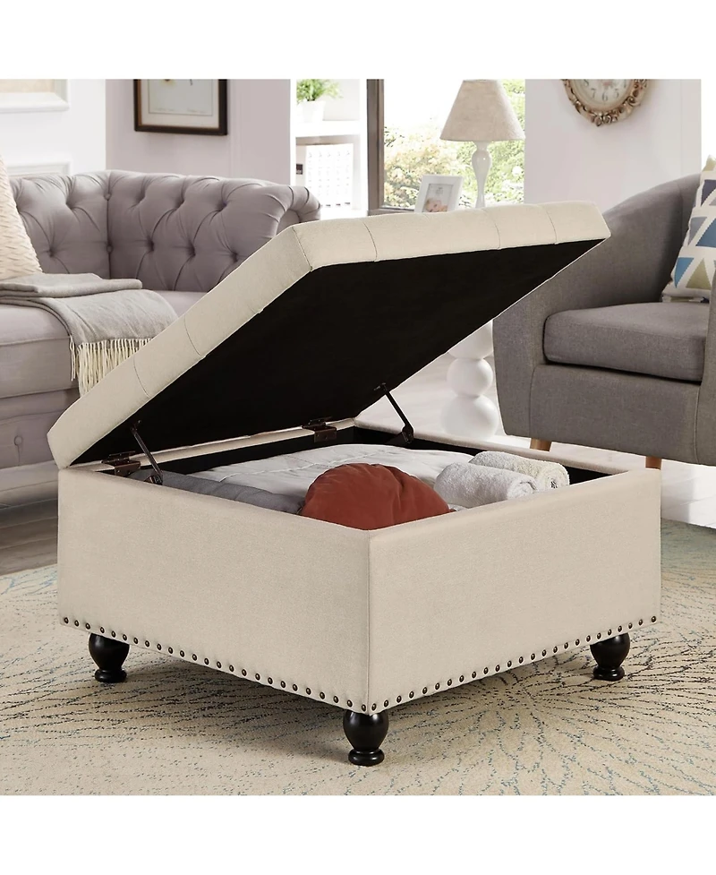 Rainsken Square Storage Ottoman - Upholstered Button Tufted, wooden legs and Nail Trims for Living Room, Bedroom