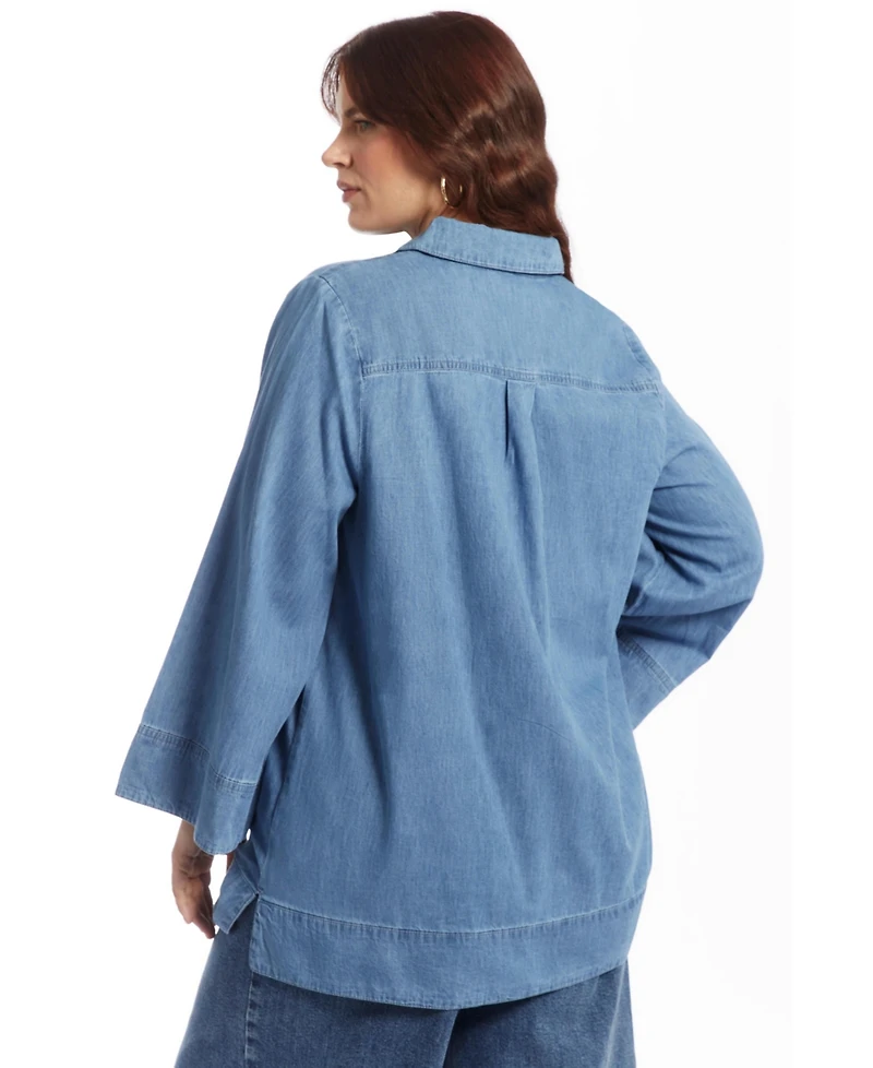 June + Vie Women's Plus Cotton Denim Blouse
