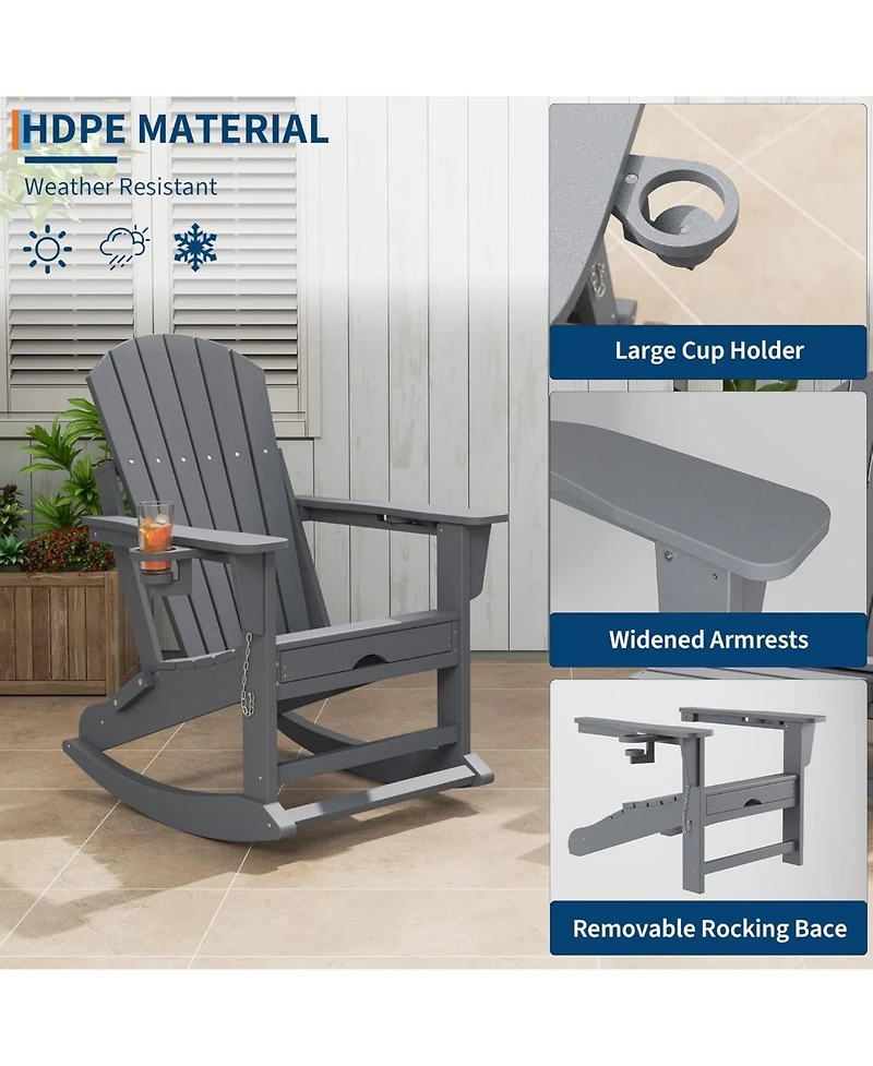 gaomon Folding Adirondack Rocking Chair with Retractable Ottoman and Cup Holders, Hdpe All-Weather Outdoor Chair for Porch