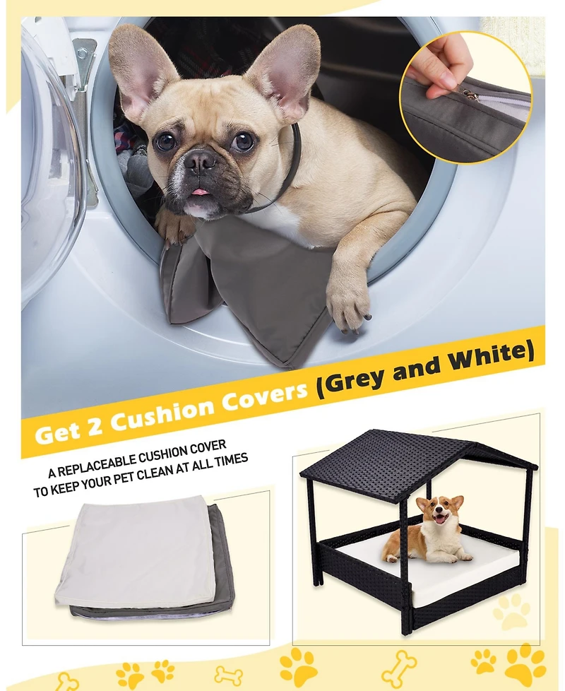 Ltmate Hand-Woven Rattan 2-in-1 Pet House & Elevated Bed with Removable Covers