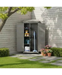 Clihome Outdoor Wooden Storage Shed with Metal Top Tall Vertical Tool Cabinet for Backyard Garden