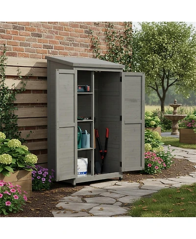 Clihome Outdoor Wooden Storage Shed with Metal Top Tall Vertical Tool Cabinet for Backyard Garden