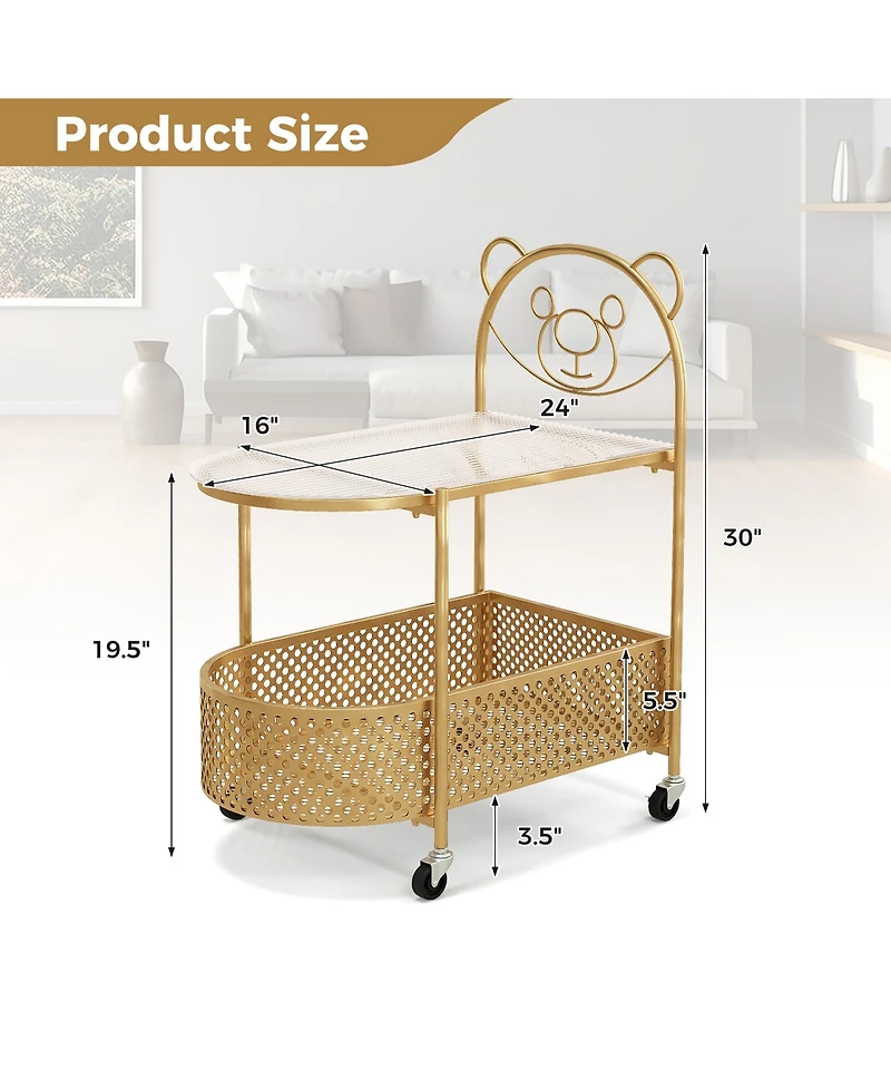 Gymax 2-Tier Mobile Glass Coffee Table w/ Bear Pattern Storage Basket Transparent