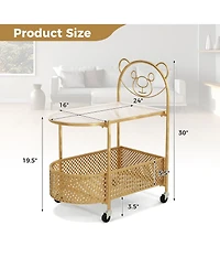 Gymax 2-Tier Mobile Glass Coffee Table w/ Bear Pattern Storage Basket Transparent