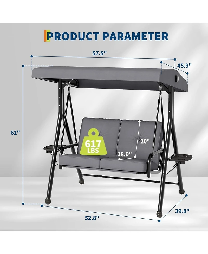 gaomon Adjustable 2-in-1 Outdoor Patio Swing Chair with Canopy, 2-Seat Porch Swing, Cup Holders, Thick Removable Cushions