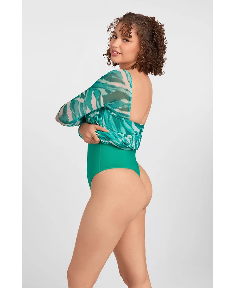 S3 Apparel Women's Shirred Mesh Sweetheart Long Sleeve Sculpting Mini Dress with Built-In Shapewear