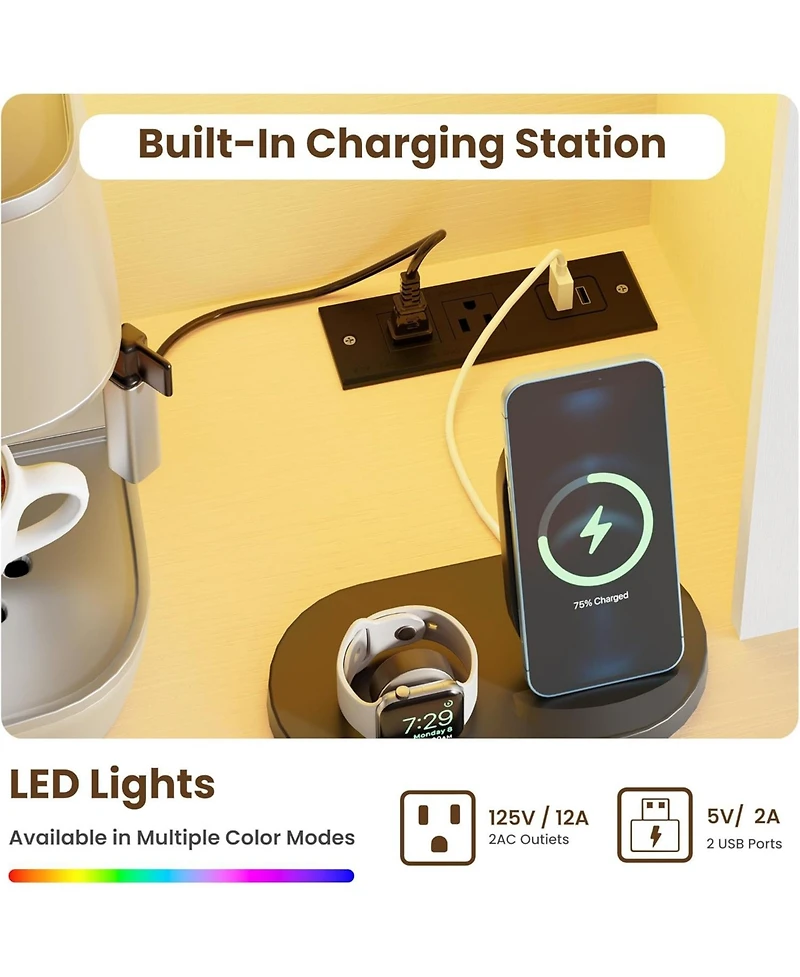 gaomon 68.7" Coffee Bar Cabinet with Led Light & Power Outlet, Farmhouse Kitchen Hutch 2 Storage Drawers, Wine Glass Rack, Adjustable Shelve