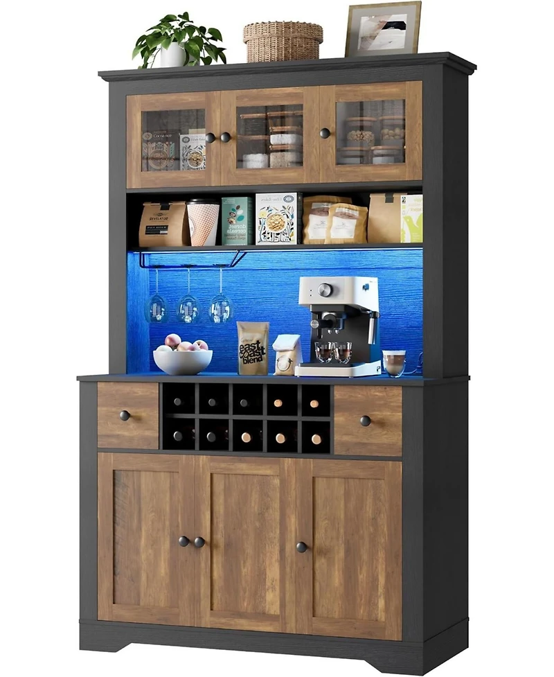 gaomon 68.7" Coffee Bar Cabinet with Led Light & Power Outlet, Farmhouse Kitchen Hutch 2 Storage Drawers, Wine Glass Rack, Adjustable Shelve