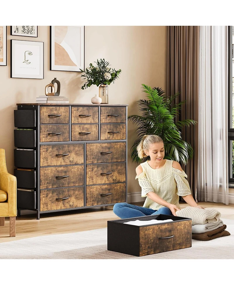 gaomon 12 Drawer Fabric Dresser with Side Pockets & Hooks Tall Storage Chest Sturdy Steel Frame, Wooden Top, Easy Pull Handles