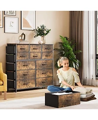 gaomon 12 Drawer Fabric Dresser with Side Pockets & Hooks Tall Storage Chest Sturdy Steel Frame, Wooden Top, Easy Pull Handles