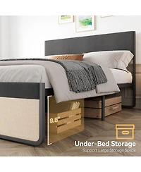 gaomon Platform Bed Frame Upholstered Headboard with 2 Large Drawers Metal Slats No Noise No Box Spring Easy Assembly