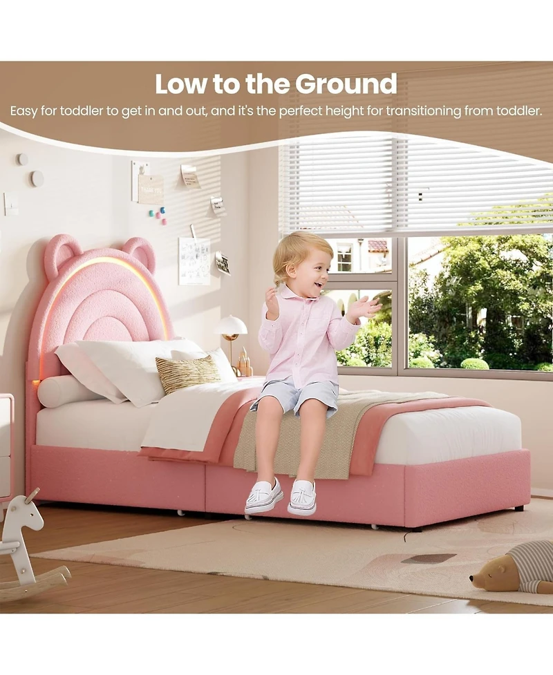 gaomon Velvet Bed Frame with Led Light Storage Drawer Upholstered Platform Bear Headboard Wood Slats No Box Spring Pink