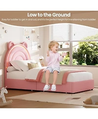 gaomon Velvet Bed Frame with Led Light Storage Drawer Upholstered Platform Bear Headboard Wood Slats No Box Spring Pink