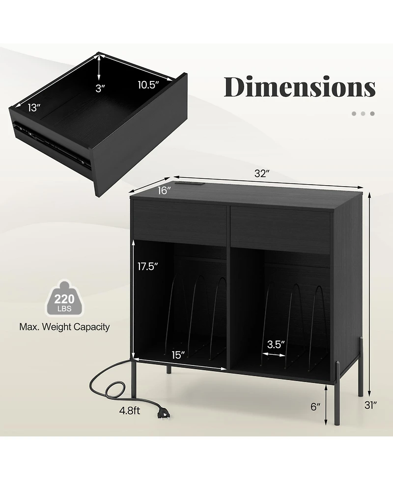 Sugift Record Player Stand with Power Outlets Double Wide Turntable Stand Vinyl Record Storage Table