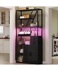 gaomon Wine Bar Cabinet with Led Lights and Power Outlets – Tall Coffee Bar Station with Wine Rack, Kitchen Microwave Stand and Bakers Rack