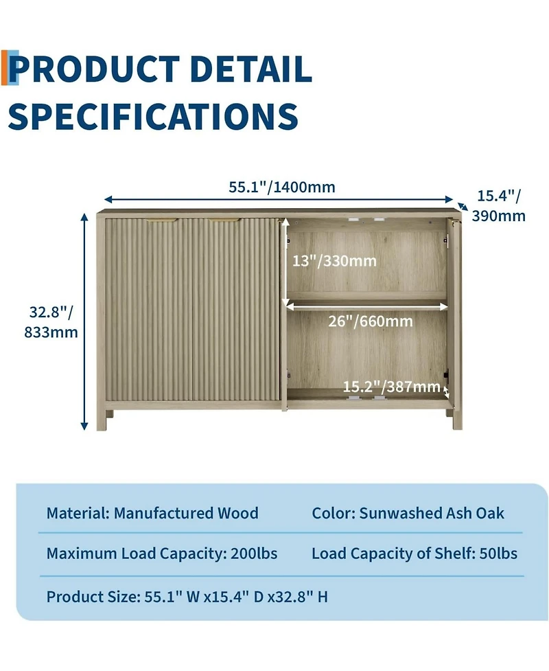 gaomon 55" Sideboard Buffet Cabinet with Storage, Wooden Fluted Storage Adjustable Shelves, Credenza Table Media Co