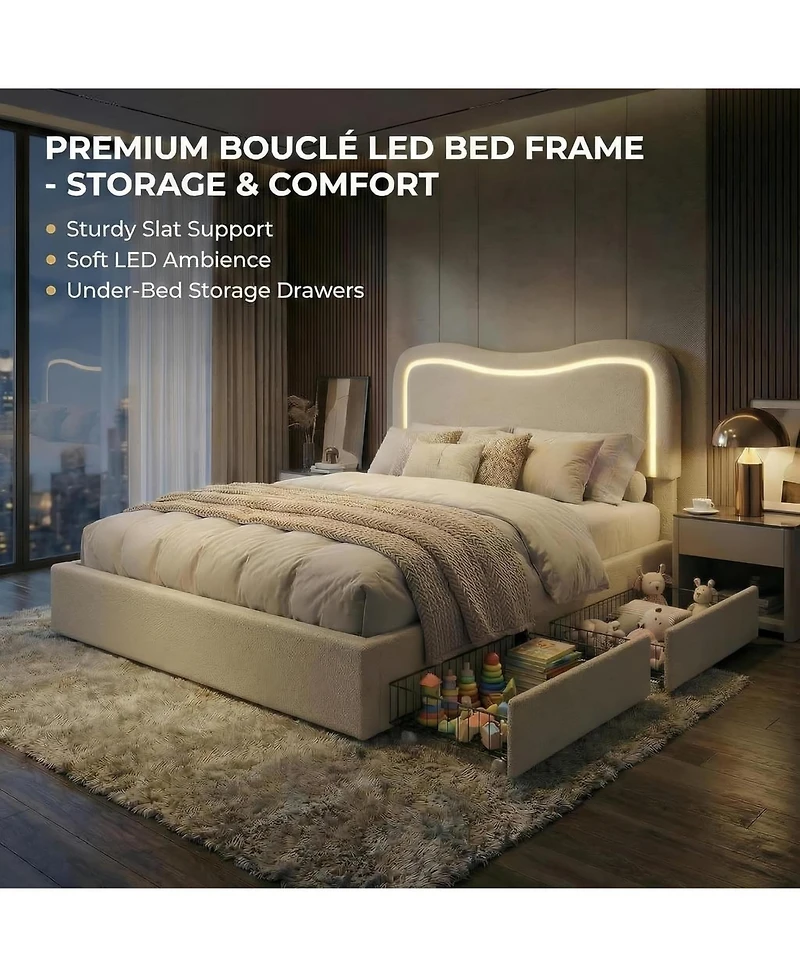 gaomon Boucle Bed Frame with 2 Storage Drawers, Upholstered Platform Bed with Led Headboard, Solid Wood Slats Support, No Box Spring Needed for Kids