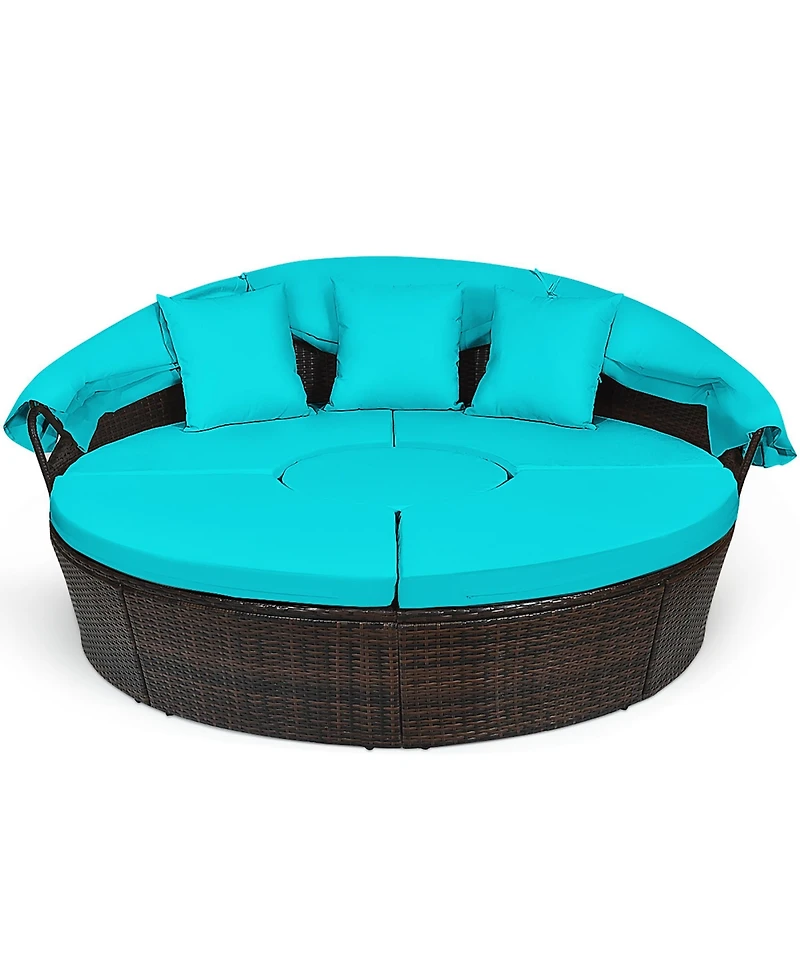 Gymax Cushioned Patio Rattan Round Daybed w/ Adjustable Table 3 Pillows